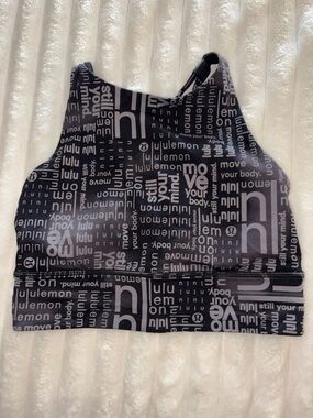 lululemon Black and Gray Logo Print Strappy Sports Bra